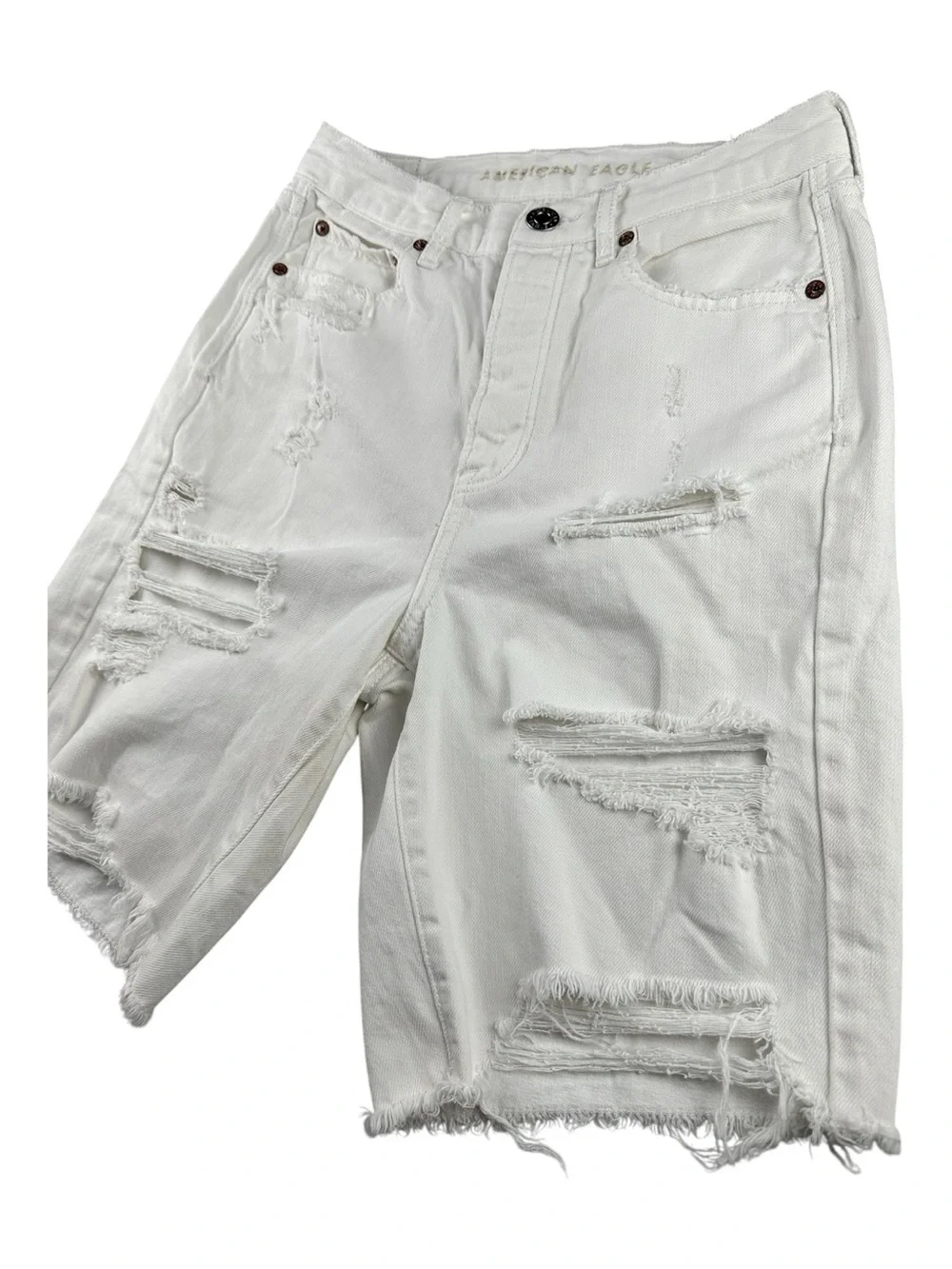 AE Sample Pre-production 90s Boyfriend Jorts White Denim Heavy Distressed Shorts